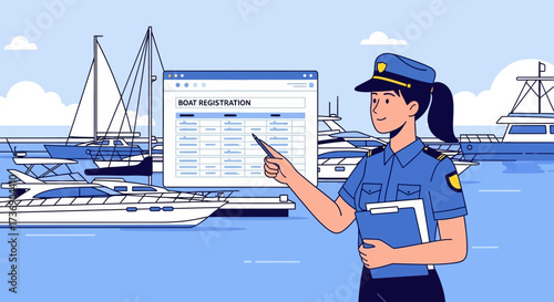 Illustration of a female coast guard officer overseeing boat registration process