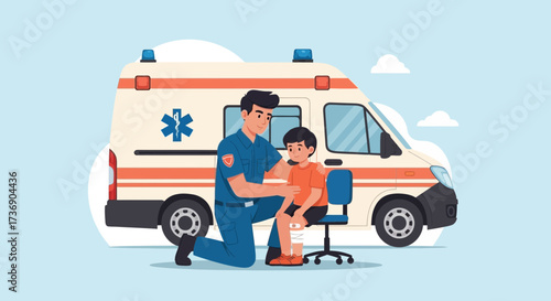 Paramedic tending to injured child in front of ambulance offering reassurance