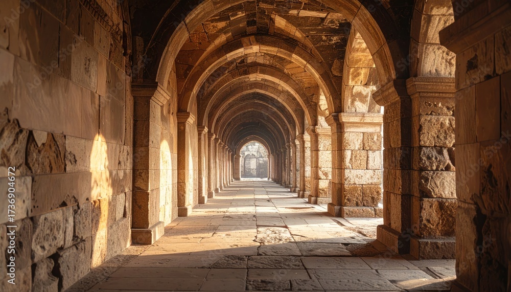 Obraz premium Sunlit Arched Stone Hallway with Ancient Architecture Perspective and Shadow Play in Warm Tones Historic Interior