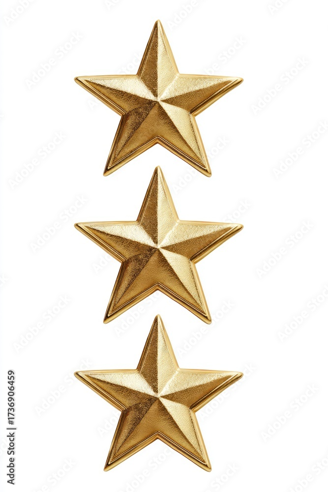Fototapeta premium Vertical arrangement of three gold, pointed stars, against a white background