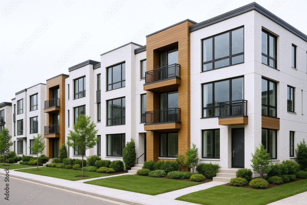 Fototapeta premium Modern Townhouses with Balconies and Green Landscaping in a Suburban Neighborhood on a Cloudy Day