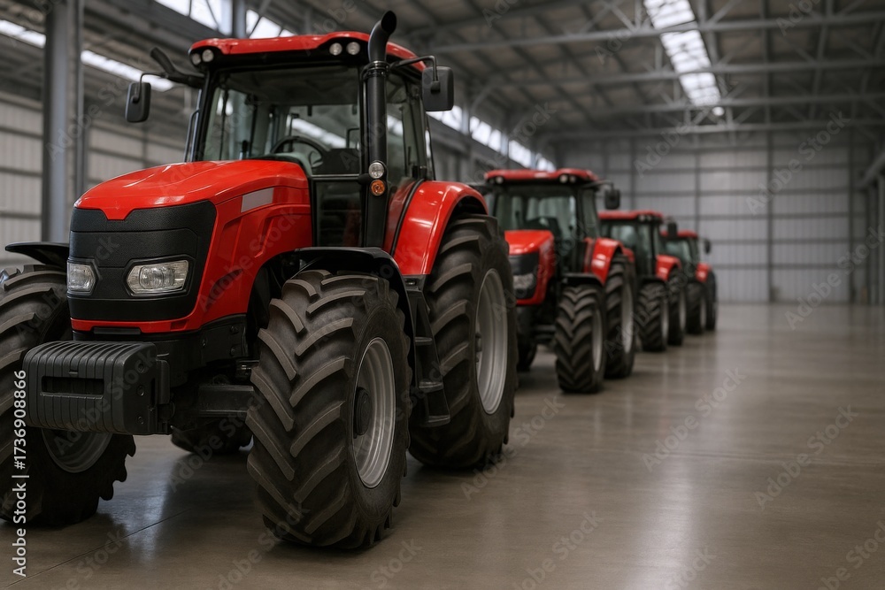 Obraz premium Row of Red Tractors in a Warehouse Ready for Distribution, Farm Equipment for Agriculture