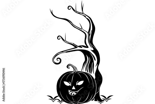 silhouette of a creepy old tree with halloween pumpkin