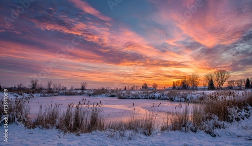 Panoramic winter landscape showcases a frozen pond under a vivid, fiery sunset with bare trees