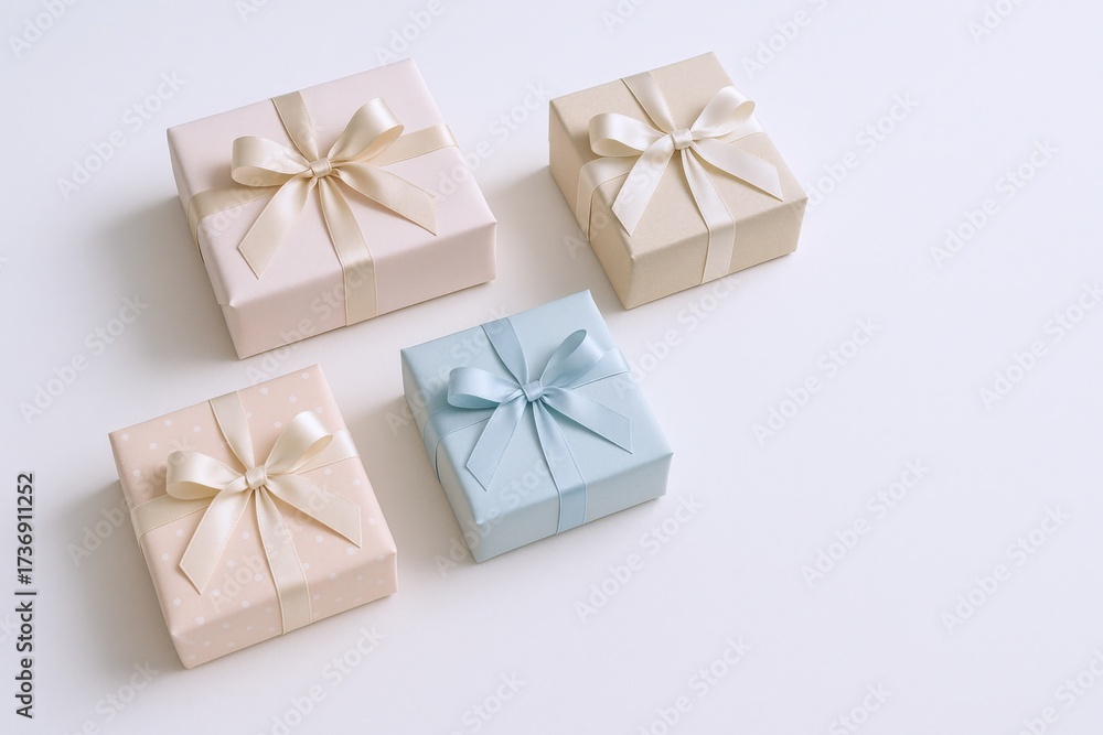 Fototapeta premium Elegant Gift Boxes with Pastel Ribbons for Celebrations and Special Occasions, Displayed on Clean White Background