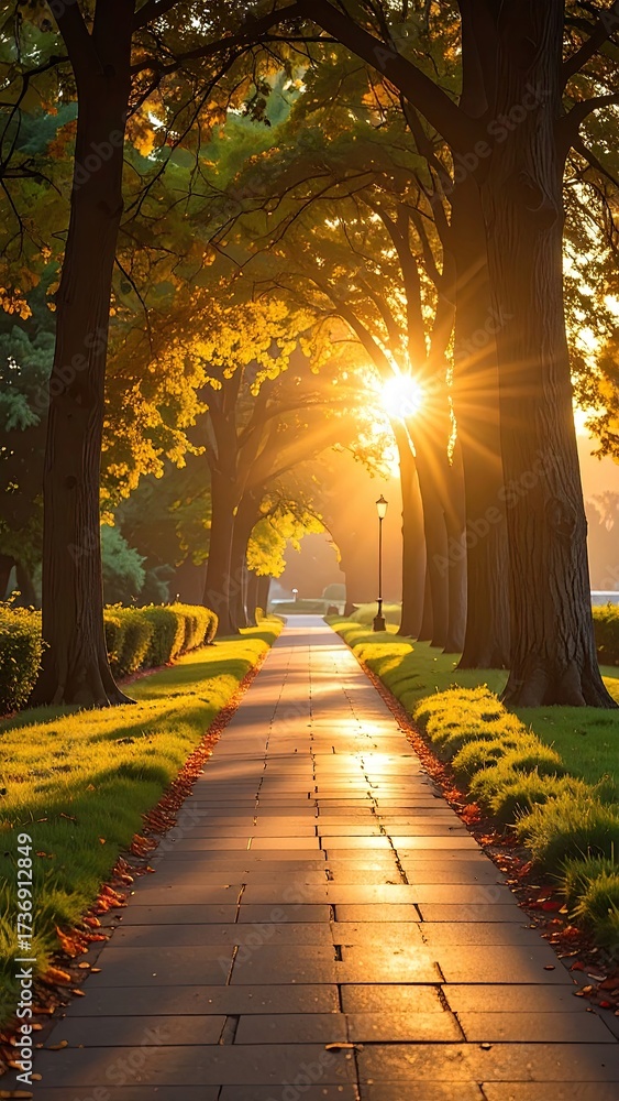 Fototapeta premium Sunlit Autumn Pathway Lined with Trees and Golden Light Landscape