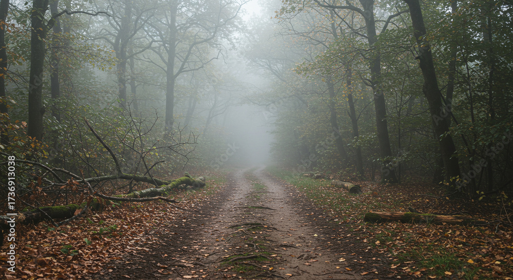 Obraz premium Eerie forest path disappearing into thick fog, evoking mystery and adventure, perfect for storytelling and atmospheric scenes.