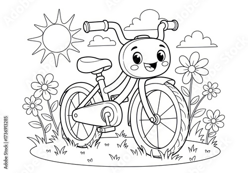 Cute cartoon bicycle with smiling face in a sunny meadow.