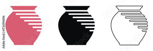 Set of decorative Flower vase icon. Collection of three stylized vase icons in different colors and outlines, useful for design, decoration, logo, or creative graphic projects.

