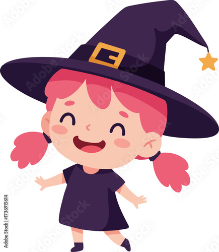 Cartoon Cheerful Little Girl Wearing Witch Costume Celebrating Halloween Holiday