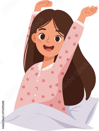 Flat Cartoon Illustration of Happy Woman Stretching in Bed at Morning