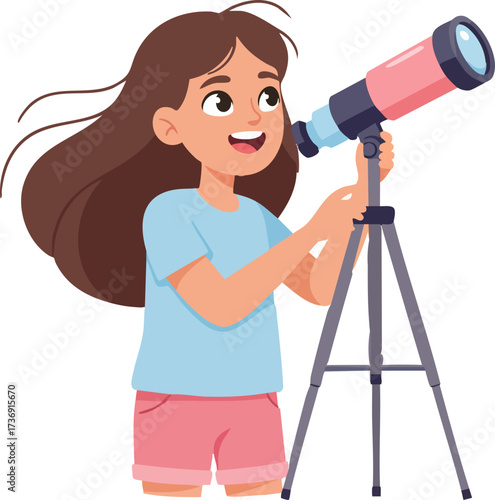 Cartoon Style Smiling Girl Looking Through Telescope Illustration Design