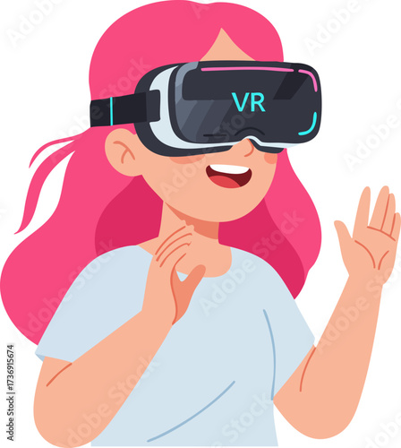 Flat Colorful Girl Wearing VR Headset Experiencing Virtual Reality Technology Illustration