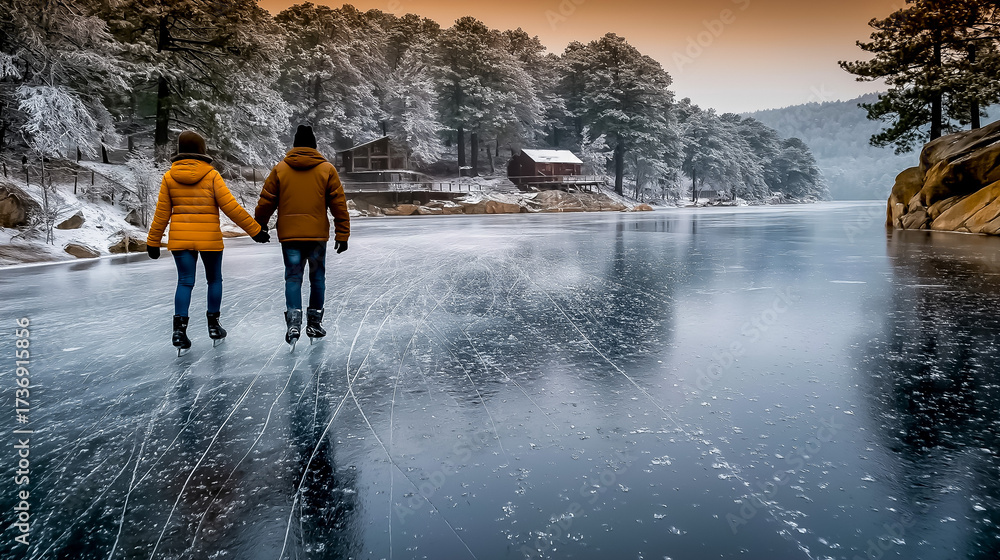 Fototapeta premium Ice Skating Couple at Dusk on Frozen Lake