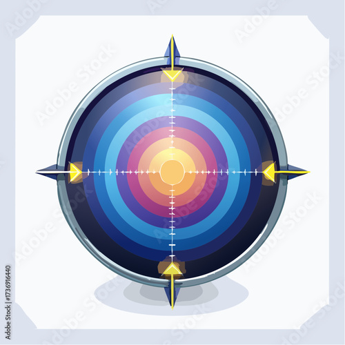 Abstract Circular Target with Multiple Concentric Rings in Shades of Blue Purple and Yellow with Central Bright Spot and Compass Points