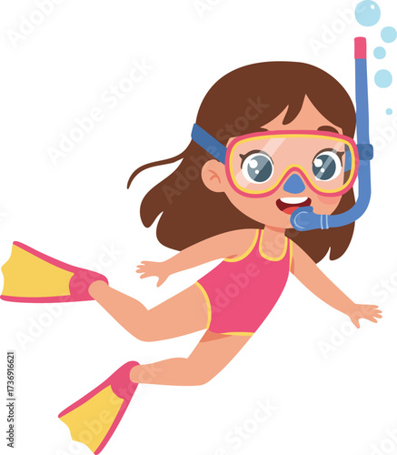 Colorful Cartoon Little Girl Snorkeling Underwater Illustration Summer Vacation