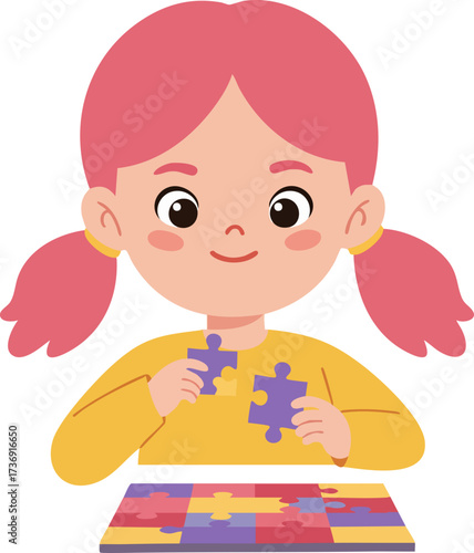 Flat Illustration of Girl Playing Jigsaw Puzzle Game Assembling Pieces
