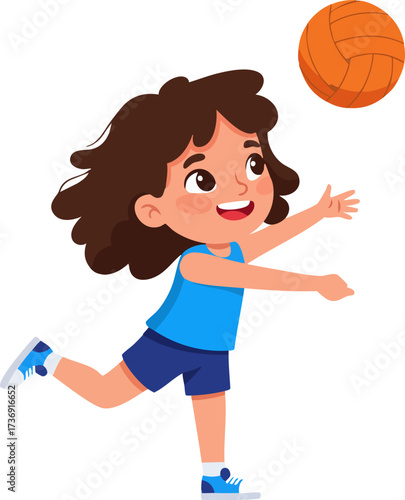 Cartoon Cheerful Girl Playing with a Ball, Sport Activity Illustration