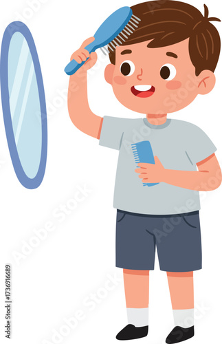 Cartoon Cute Boy Combing Hair Looking at Mirror Illustration