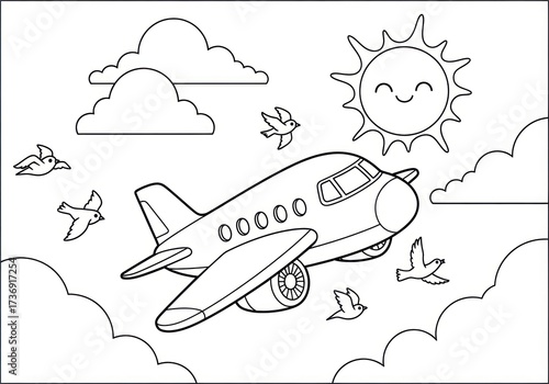 Airplane Coloring Page with Birds, Clouds, and Smiling Sun.