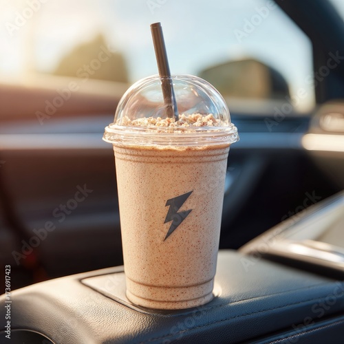 A light beige smoothie in a clear plastic cup with a gray lightning bolt logo