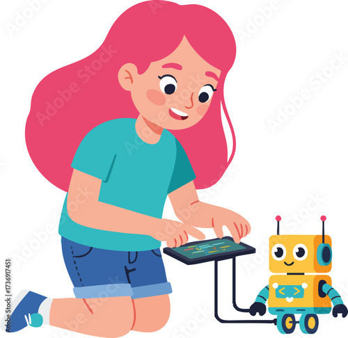 Flat Style Illustration Girl Coding Robotic Project with Tablet Technology Device