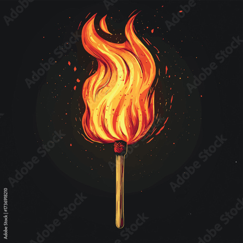 Crimson flames ignite with a lit matchstick , vector style simple color