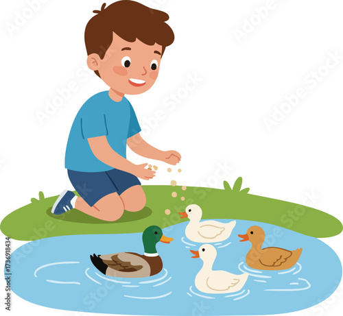Cute Cartoon Young Boy Feeding Duck on Pond Illustration