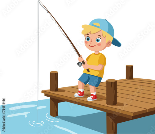 Cartoon Smiling Boy Fishing on Wooden Pier Illustration Asset