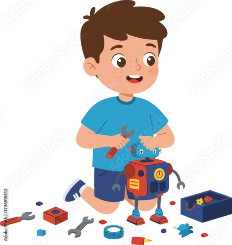 Cute Cartoon Little Boy Assembling Robot Toy in Playroom Scene
