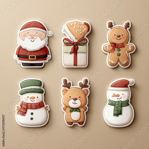 Festive holiday cookies shaped like Santa, gingerbread men, gift boxes, and snowmen on a light background