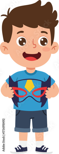 Cartoon Style Smiling Young Boy Holding Glasses Character Illustration