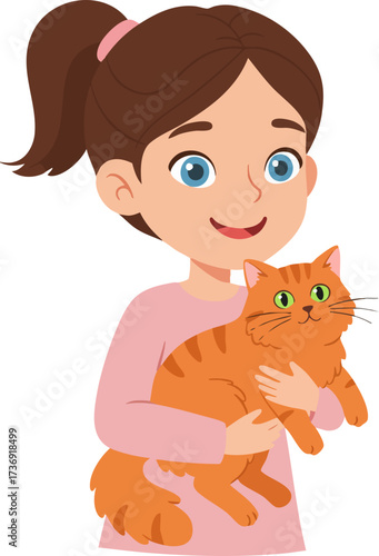 Cute Cartoon Little Girl Holding an Orange Tabby Cat Illustration