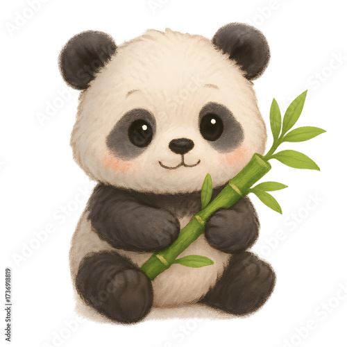 Cute cartoon panda holding bamboo on black background