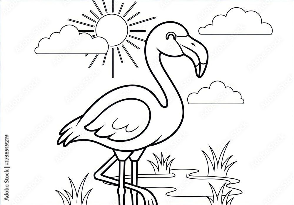 Fototapeta premium Flamingo Coloring Page with Sun and Clouds.