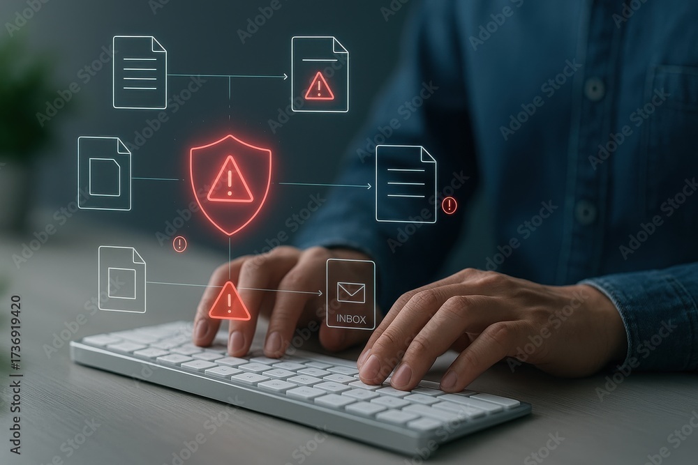 Obraz premium Typing on keyboard with holographic shield and warning triangle showing cybersecurity document protection and threat alert 