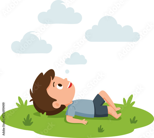Colorful Cartoon Illustration of a Boy Lying on Grass Looking at Clouds