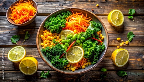 Wallpaper Mural Vibrant Colorful Veggie Power Bowl Flat Lay with Kale, Carrots, and Edamame on Rustic Wood.  Torontodigital.ca