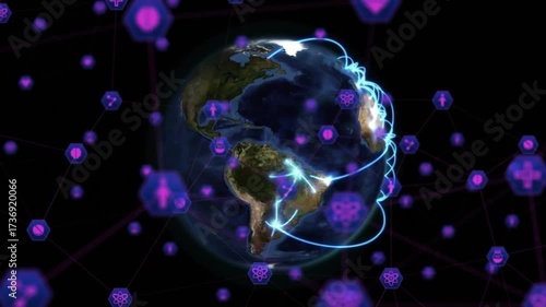 Rotation starting globe rotating purple dots linking icons and blue arcs looping for health network
