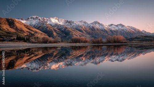 Majestic snow-capped mountains reflect in a calm lake at sunrise