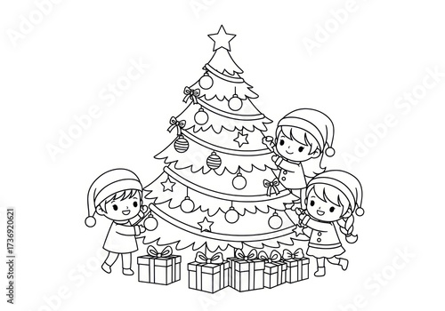 Children Decorating Christmas Tree Coloring Page for Holiday Fun.