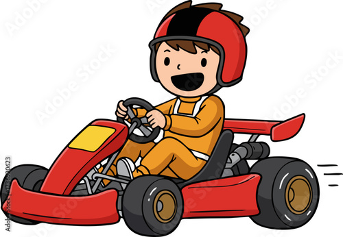 Cartoon Smiling Boy Driving a Red Go Kart Racing Sport