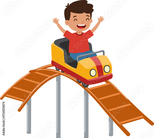 Flat Cartoon Happy Boy Enjoying a Roller Coaster Ride Illustration