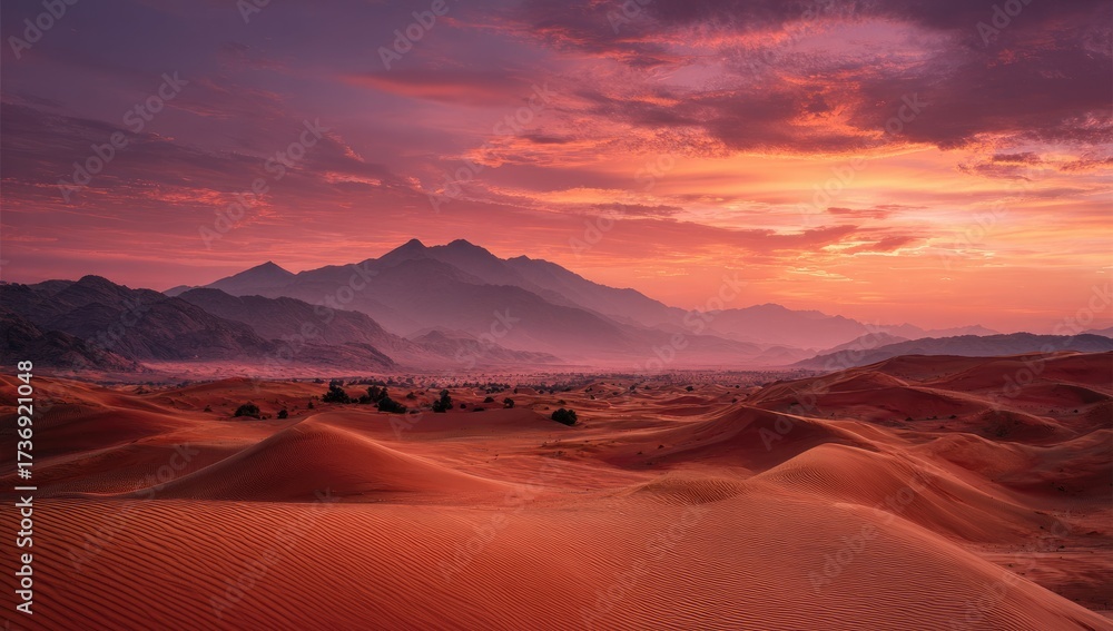 Naklejka premium Desert sunset, dramatic mountains. Sunrise colors paint the sky above a vast expanse of dunes