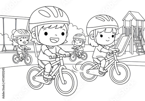 Childrens Bike Ride Coloring Page - Fun at the Playground.