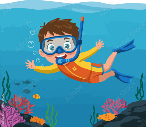 Cartoon Style Cheerful Boy Snorkeling Underwater Marine Life Illustration