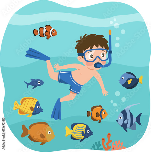 Cartoon Illustration Young Boy Snorkeling Among Colorful Fish Underwater Scene