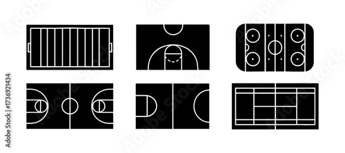 Set of six silhouette sports courts and fields