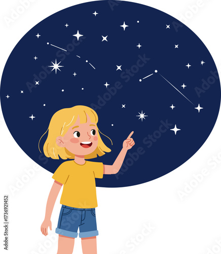 Flat Illustration Young Girl Pointing at Constellation Star in Sky
