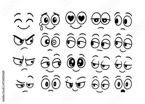 Various expressions of cartoon eyes in a black and white linear style